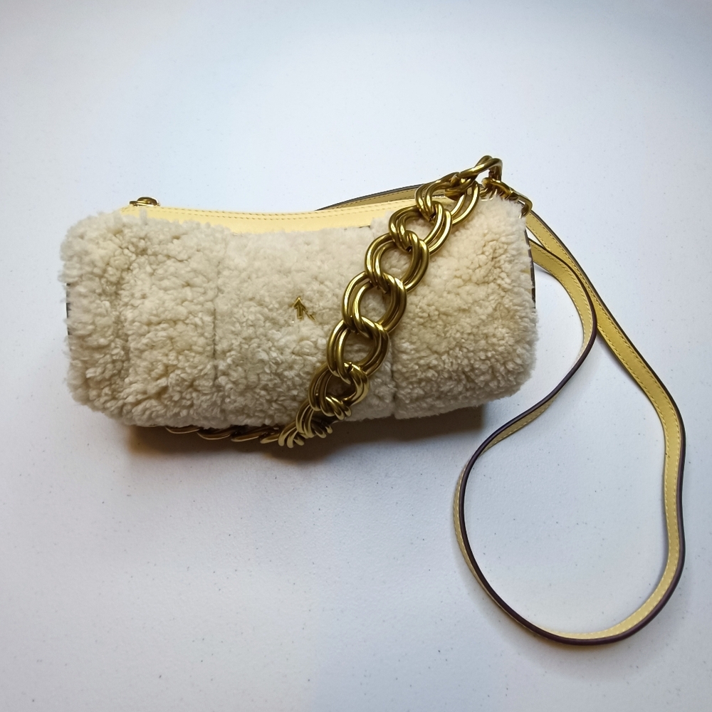 Manu Atelier Cylinder Shearling Shoulder Crossbody Bag - Vanilla/Gold
